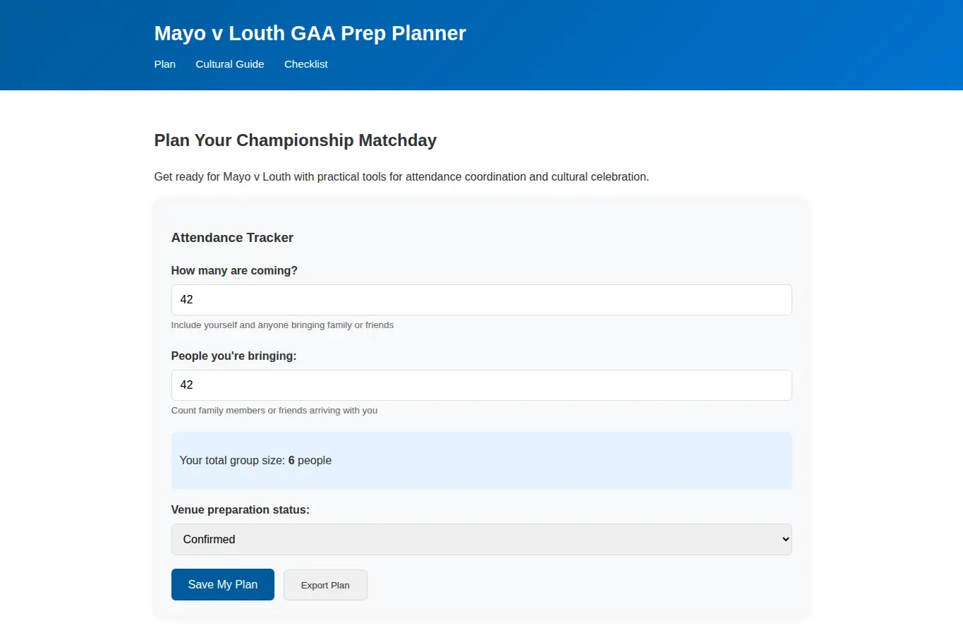 Screenshot of Mayo v Louth GAA Prep Planner interface showing the project page in use